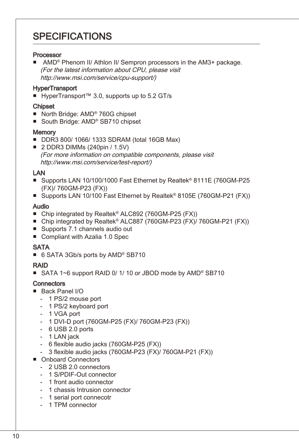 Specifications | MSI 760GM-P23 (FX) User Manual | Page 10 / 169