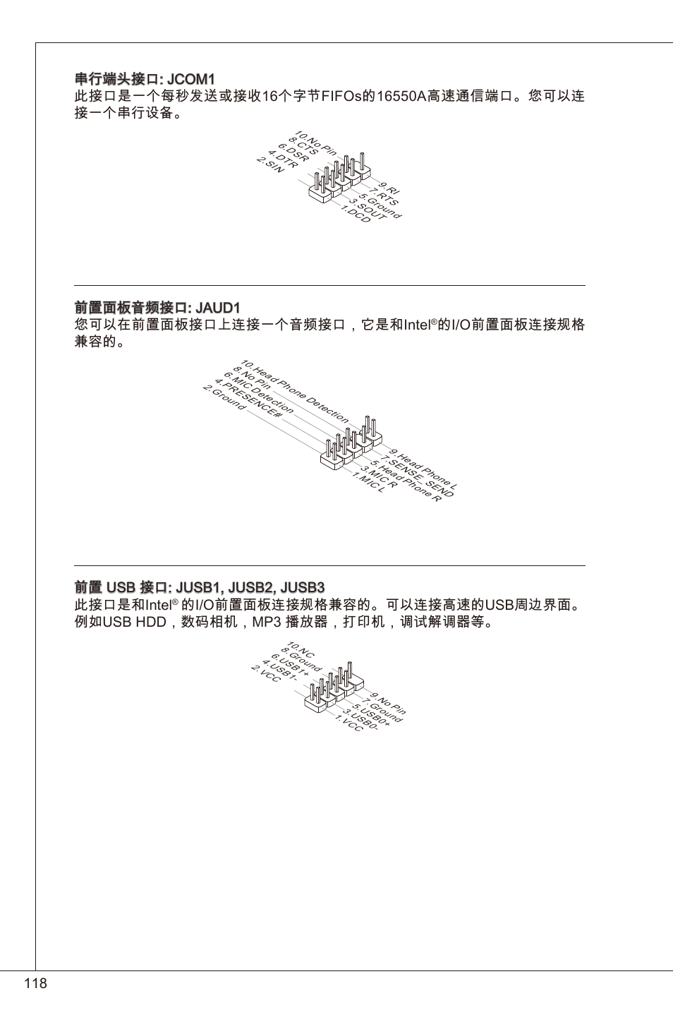 前置面板音频接口: jaud 您可以在前置面板接口上连接一个音频接口，它是和intel, 的i/o前置面板连接规格 兼容的, 前置 usb 接口: jusb, jusb2, jusb3 此接口是和intel | MSI 760GM-P23 (FX) User Manual | Page 118 / 169