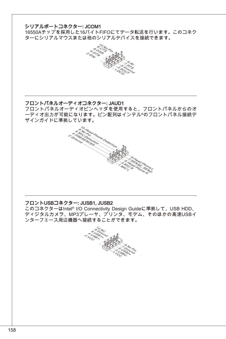 のフロントパネル接続デ ザインガイドに準拠しています, フロントusbコネクター: jusb, jusb2 このコネクターはintel | MSI 760GM-P23 (FX) User Manual | Page 158 / 169