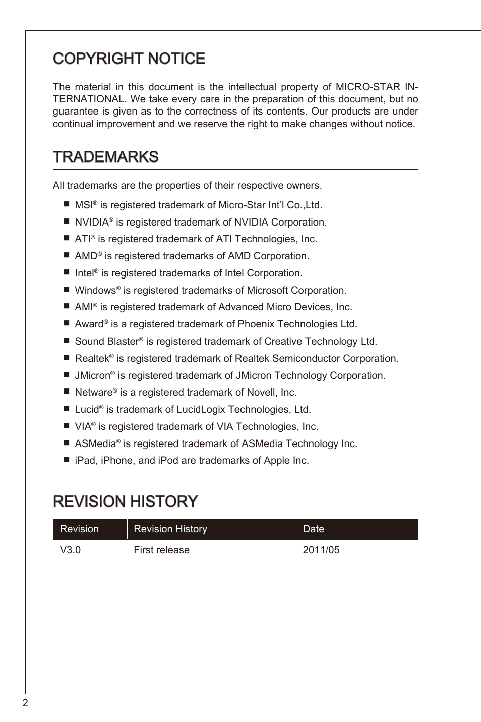 Copyright notice, Trademarks, Revision history | MSI 760GM-P23 (FX) User Manual | Page 2 / 169