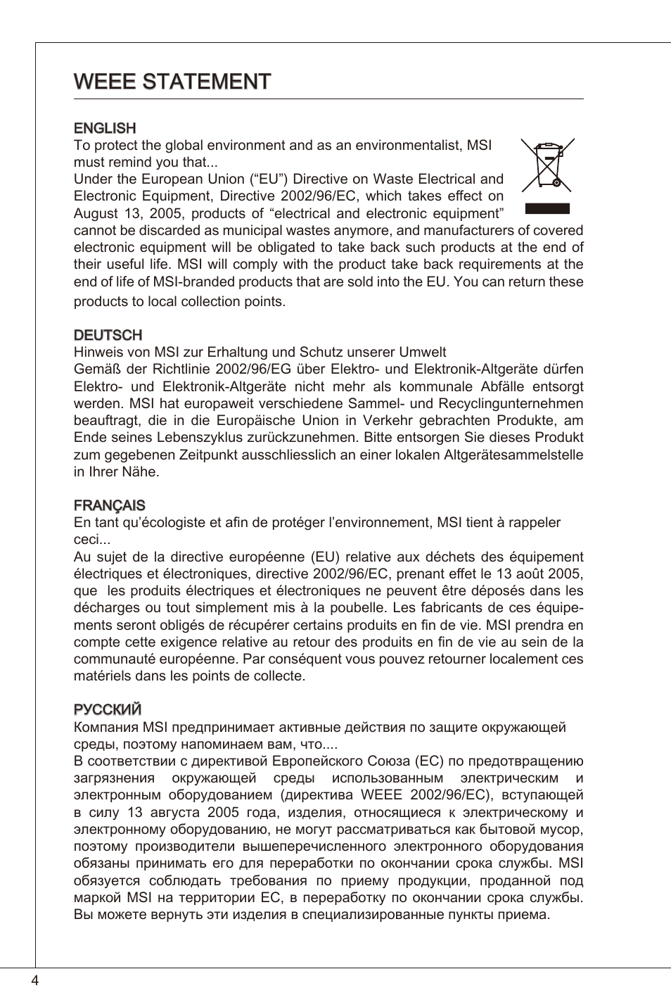 Weee statement | MSI 760GM-P23 (FX) User Manual | Page 4 / 169