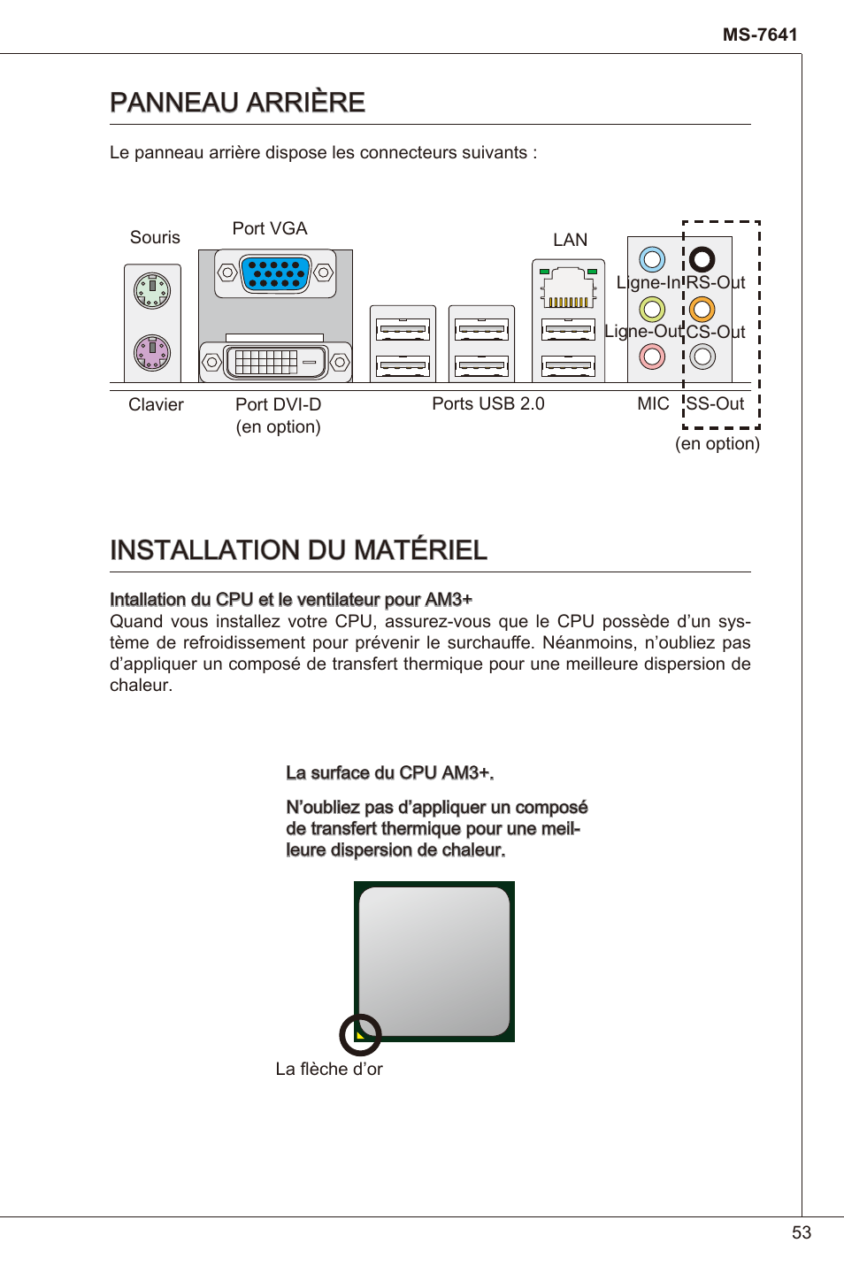 Panneau arrière, Installation du matériel | MSI 760GM-P23 (FX) User Manual | Page 53 / 169