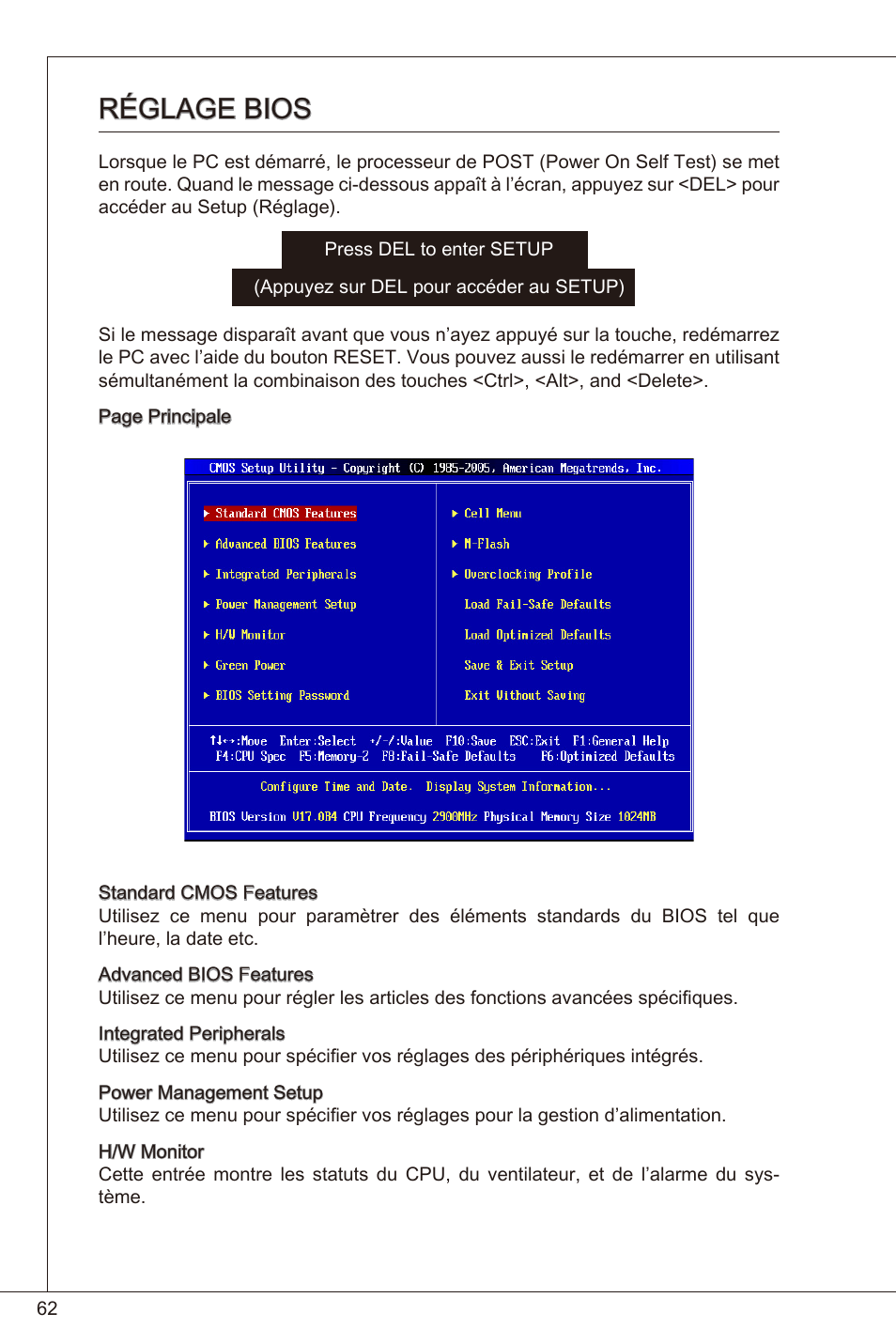 Réglage bios | MSI 760GM-P23 (FX) User Manual | Page 62 / 169
