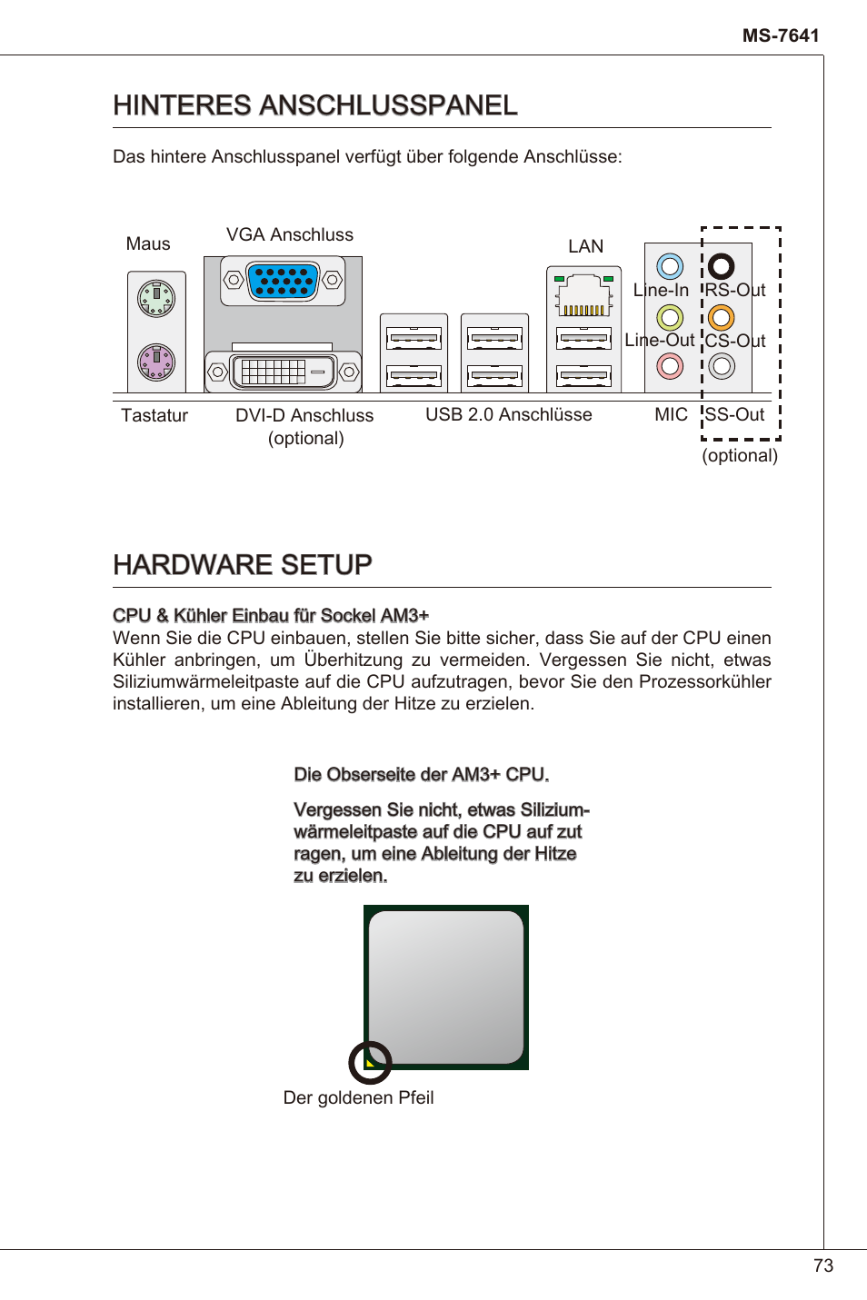 Hinteres anschlusspanel, Hardware setup | MSI 760GM-P23 (FX) User Manual | Page 73 / 169