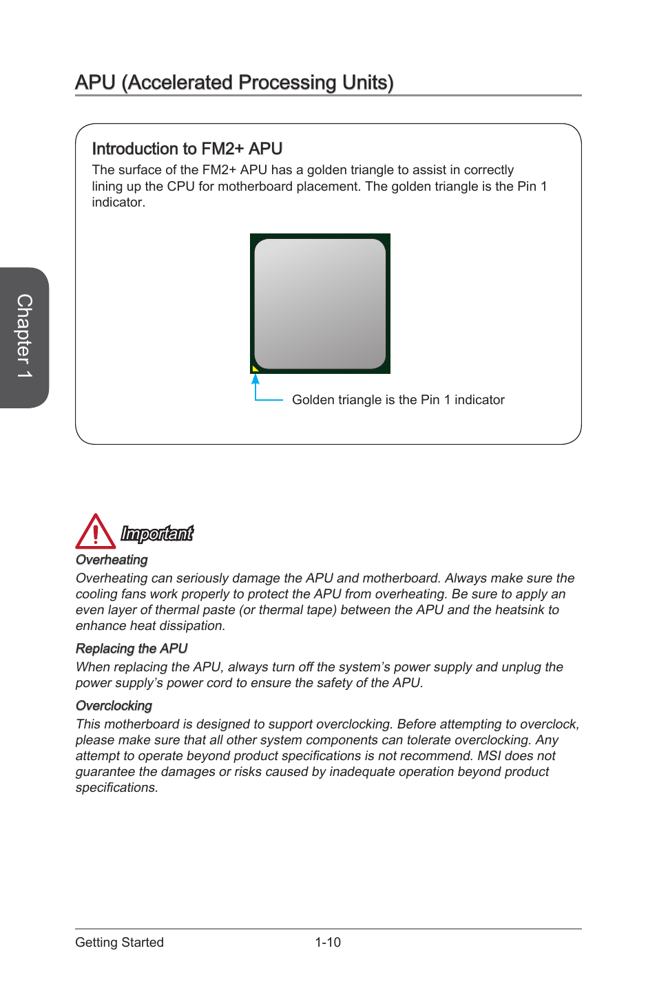 Apu (accelerated processing units), Introduction to fm2+ apu, Apu (accelerated processing units) -10 | Introduction to fm2+ apu -10, Fm2+ socket, Chapter 1, Important | MSI A88X-G43 User Manual | Page 24 / 102