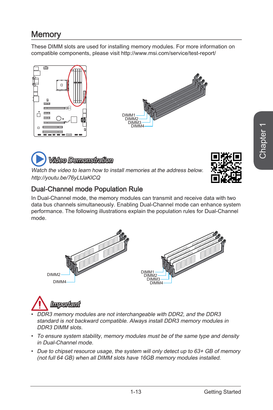 Memory, Dual-channel mode population rule, Memory -13 | Dual-channel mode population rule -13, Chapter 1, Video demonstration, Important | MSI A88X-G43 User Manual | Page 27 / 102