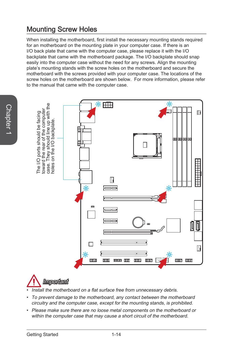 Mounting screw holes, Mounting screw holes -14, Chapter 1 | Important | MSI A88X-G43 User Manual | Page 28 / 102