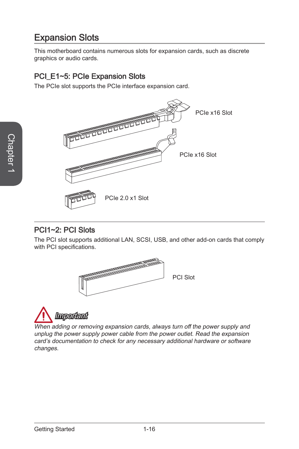 Expansion slots, Pci_e1~5: pcie expansion slots, Expansion slots -16 | Pci_e1~5: pcie expansion slots -16, Pci_e1~5, Pcie expansion slots, Pci1~2, Pci slots, Chapter 1 | MSI A88X-G43 User Manual | Page 30 / 102
