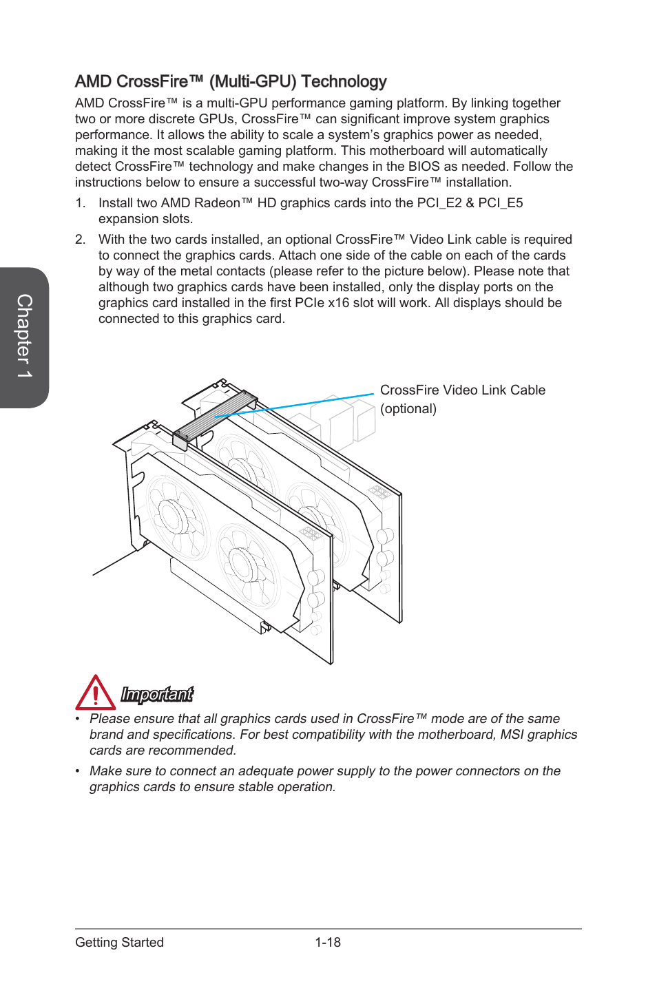 Amd crossfire™ (multi-gpu) technology, Amd crossfire™ (multi-gpu) technology -18, Chapter 1 | Important | MSI A88X-G43 User Manual | Page 32 / 102