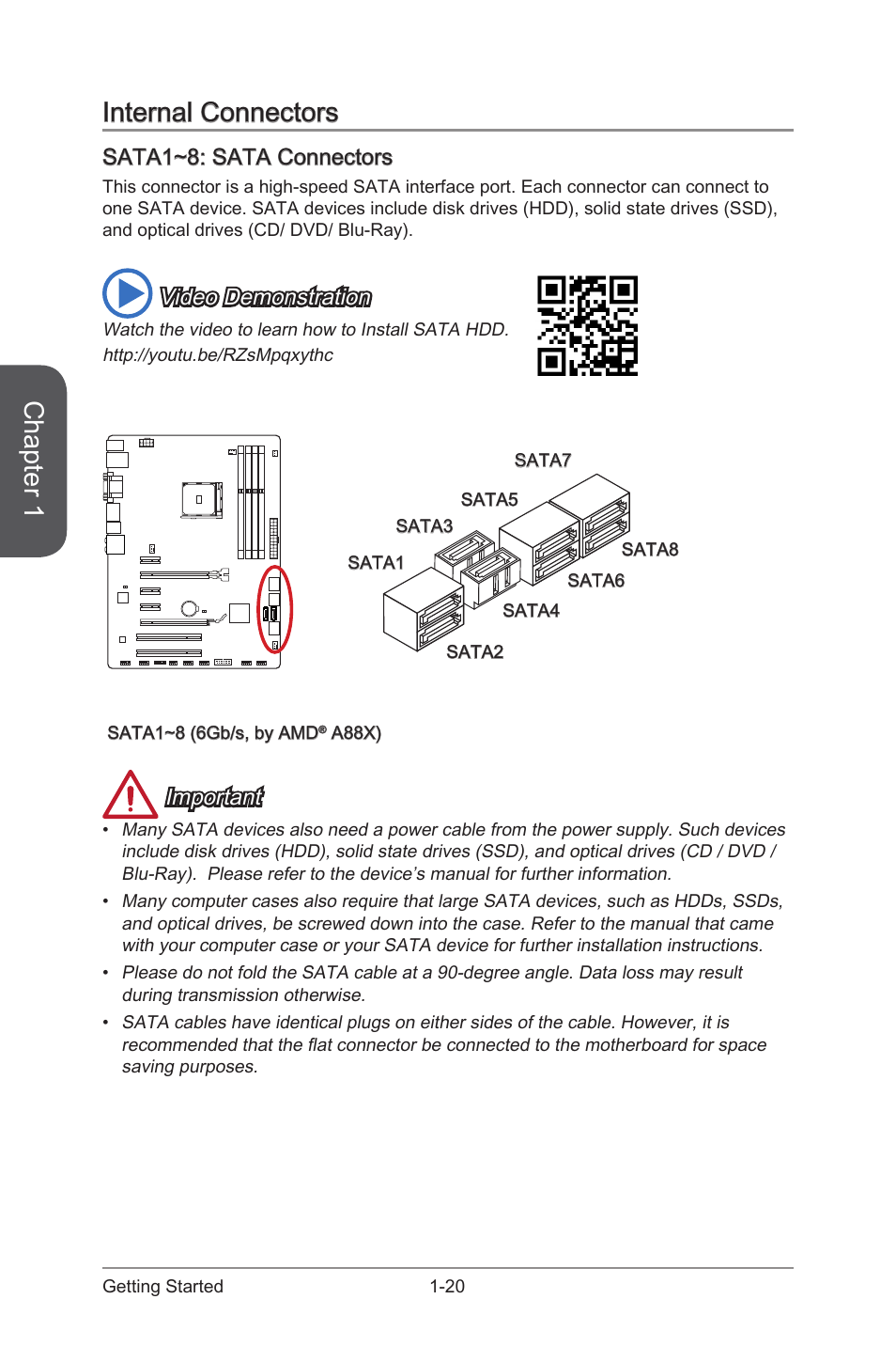 Internal connectors, Sata1~8: sata connectors, Internal connectors -20 | Sata1~8: sata connectors -20, Sata1~8, Sata connectors, Chapter 1, Video demonstration, Important | MSI A88X-G43 User Manual | Page 34 / 102