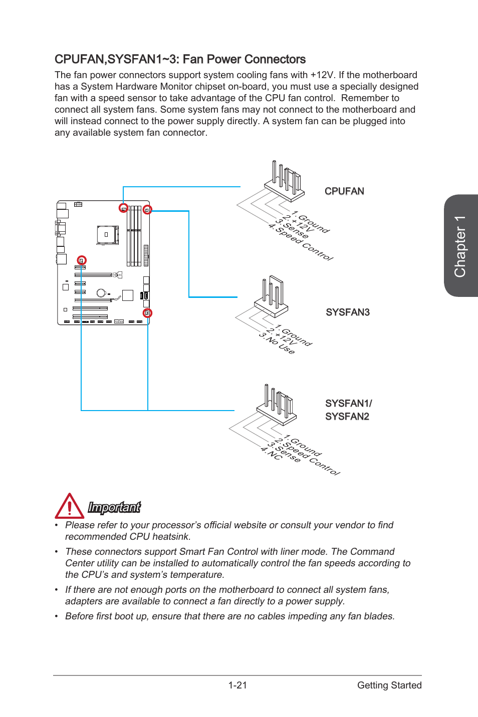 Cpufan,sysfan1~3: fan power connectors, Cpufan,sysfan1~3: fan power connectors -21, Chapter 1 | Important | MSI A88X-G43 User Manual | Page 35 / 102