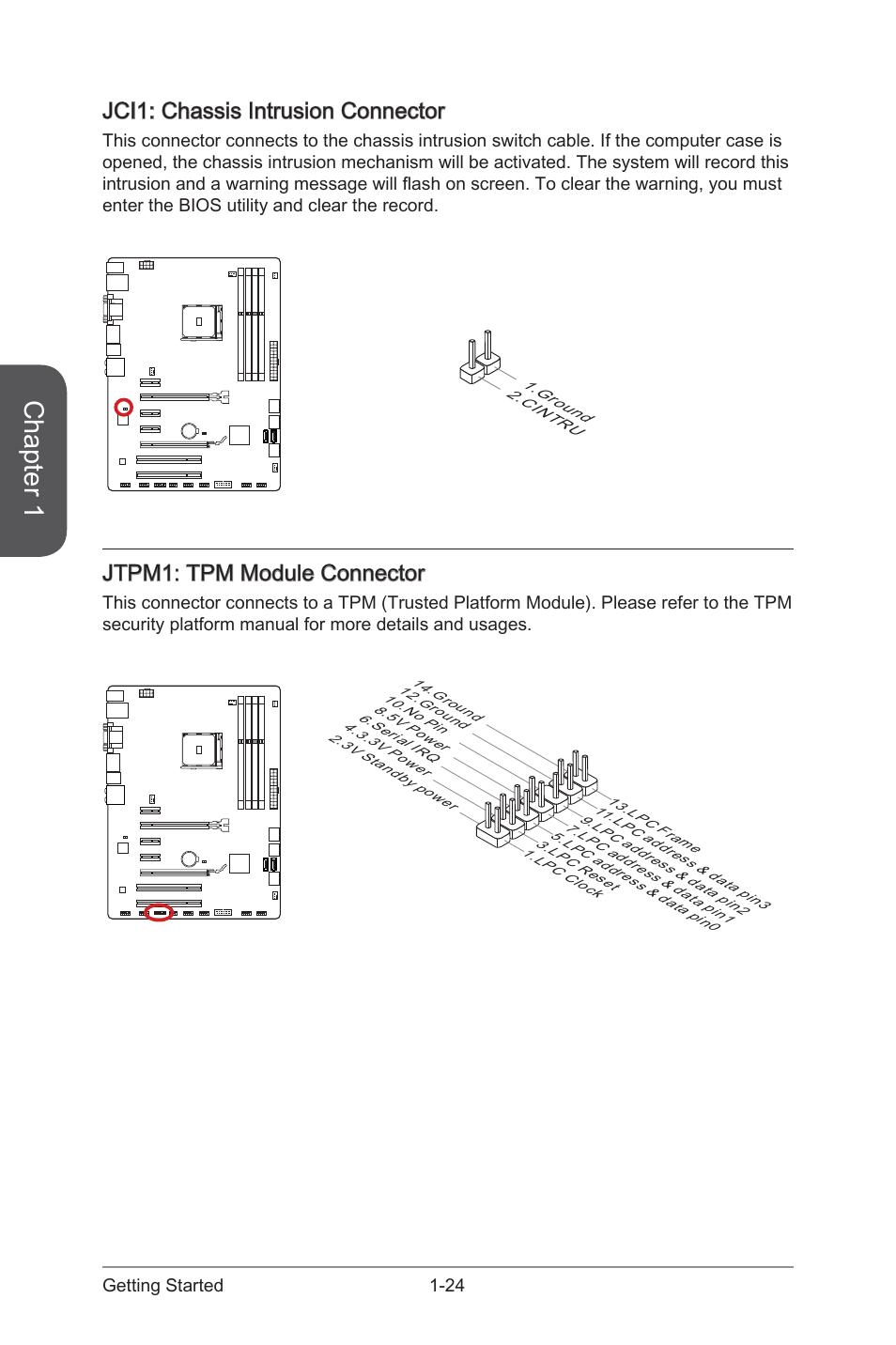 Jci1: chassis intrusion connector, Jci1: chassis intrusion connector -24, Jci1 | Chassis intrusion connector, Jtpm1, Tpm module connector, Chapter 1, Jtpm1: tpm module connector | MSI A88X-G43 User Manual | Page 38 / 102