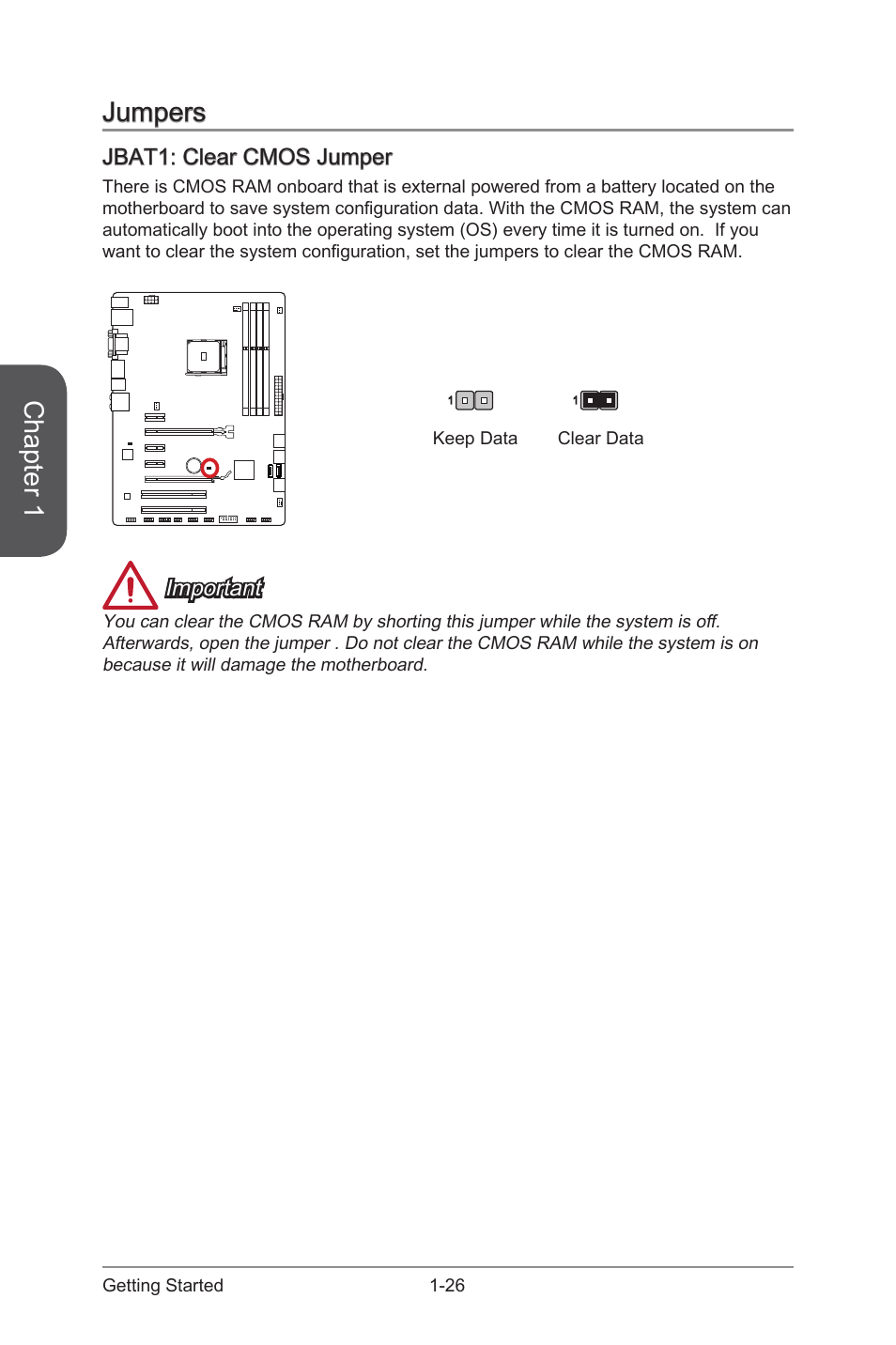 Jumpers, Jbat1: clear cmos jumper, Jumpers -26 | Jbat1: clear cmos jumper -26, Jbat1, Clear cmos jumper, Chapter 1, Important | MSI A88X-G43 User Manual | Page 40 / 102