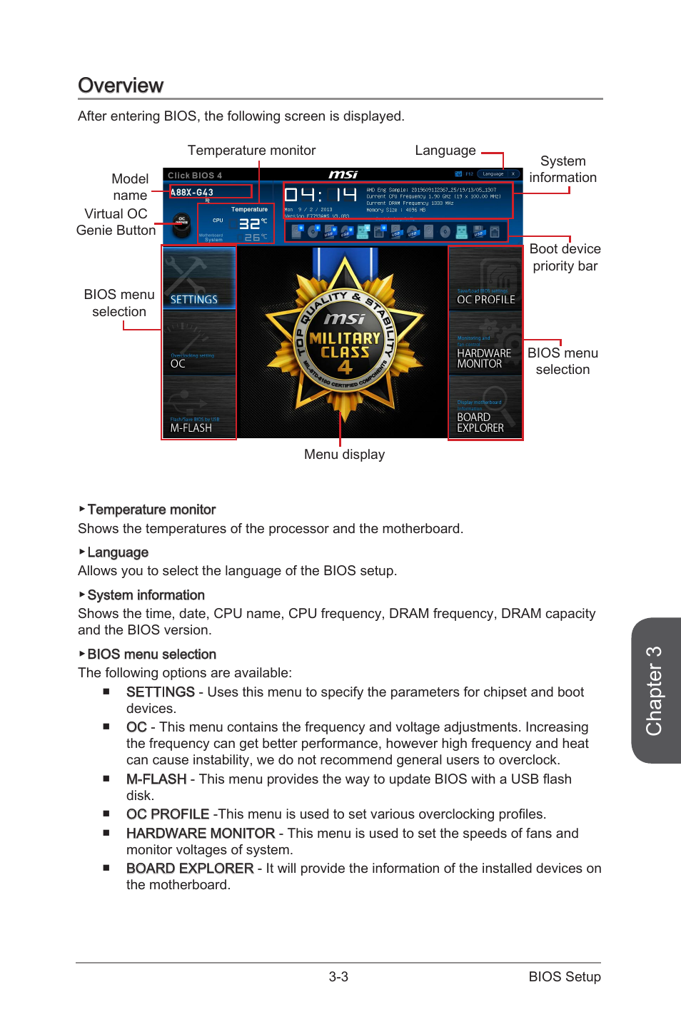 Overview, Overview -3, Chapter 3 | MSI A88X-G43 User Manual | Page 59 / 102