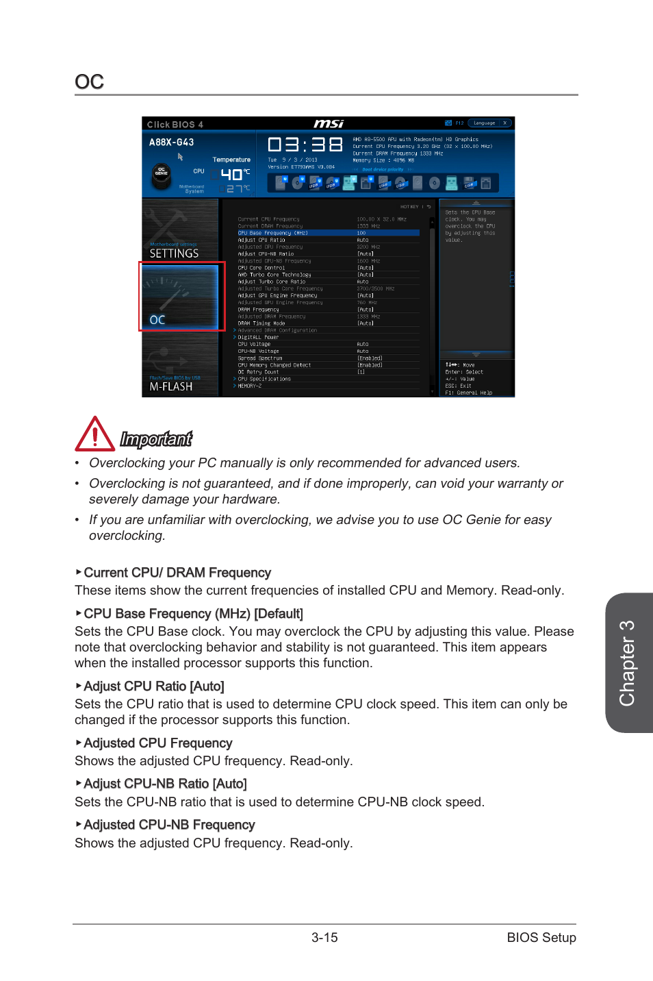 Oc -15, Chapter 3, Important | MSI A88X-G43 User Manual | Page 71 / 102