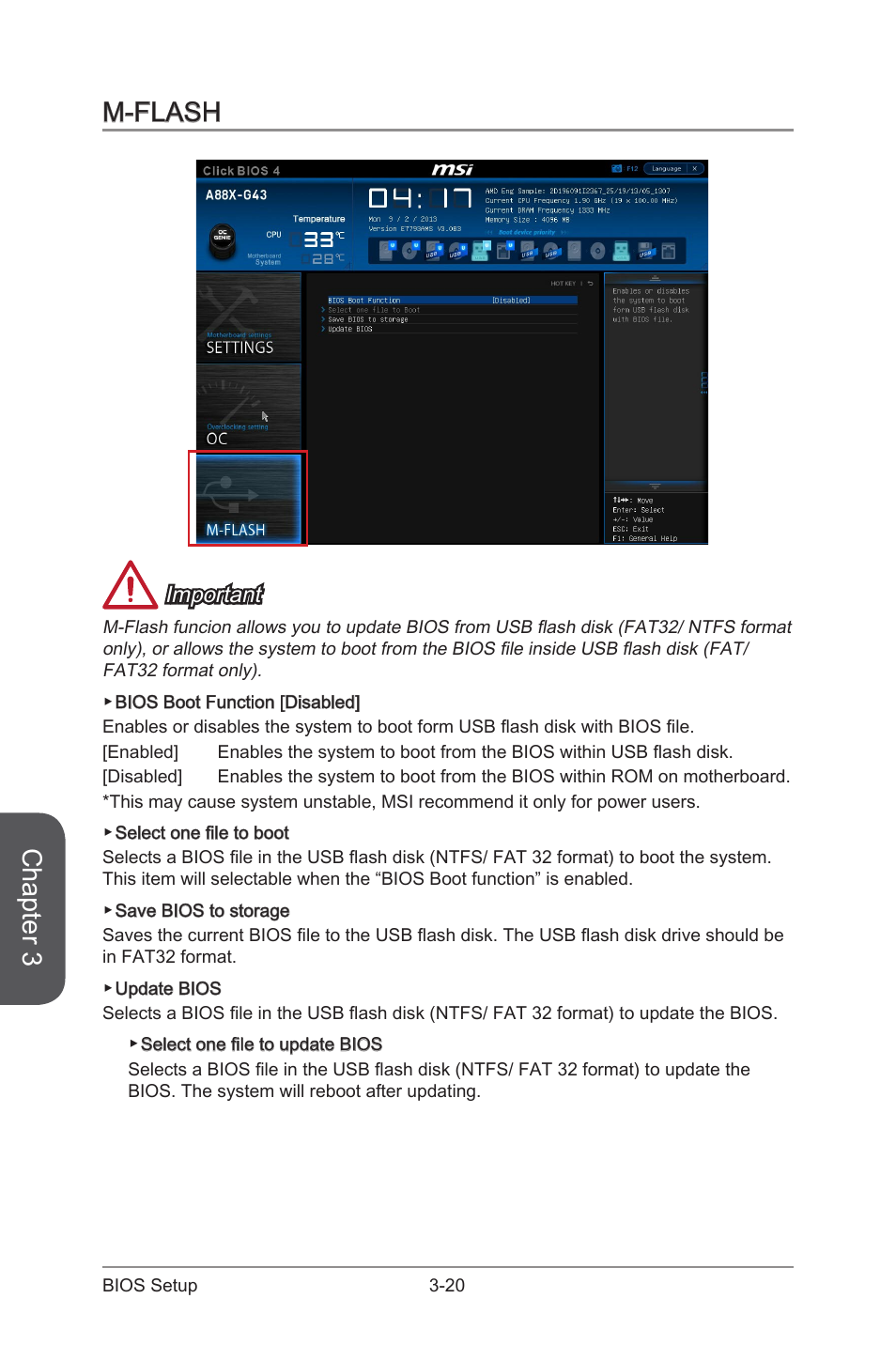 M-flash, M-flash -20, Chapter 3 | Important | MSI A88X-G43 User Manual | Page 76 / 102