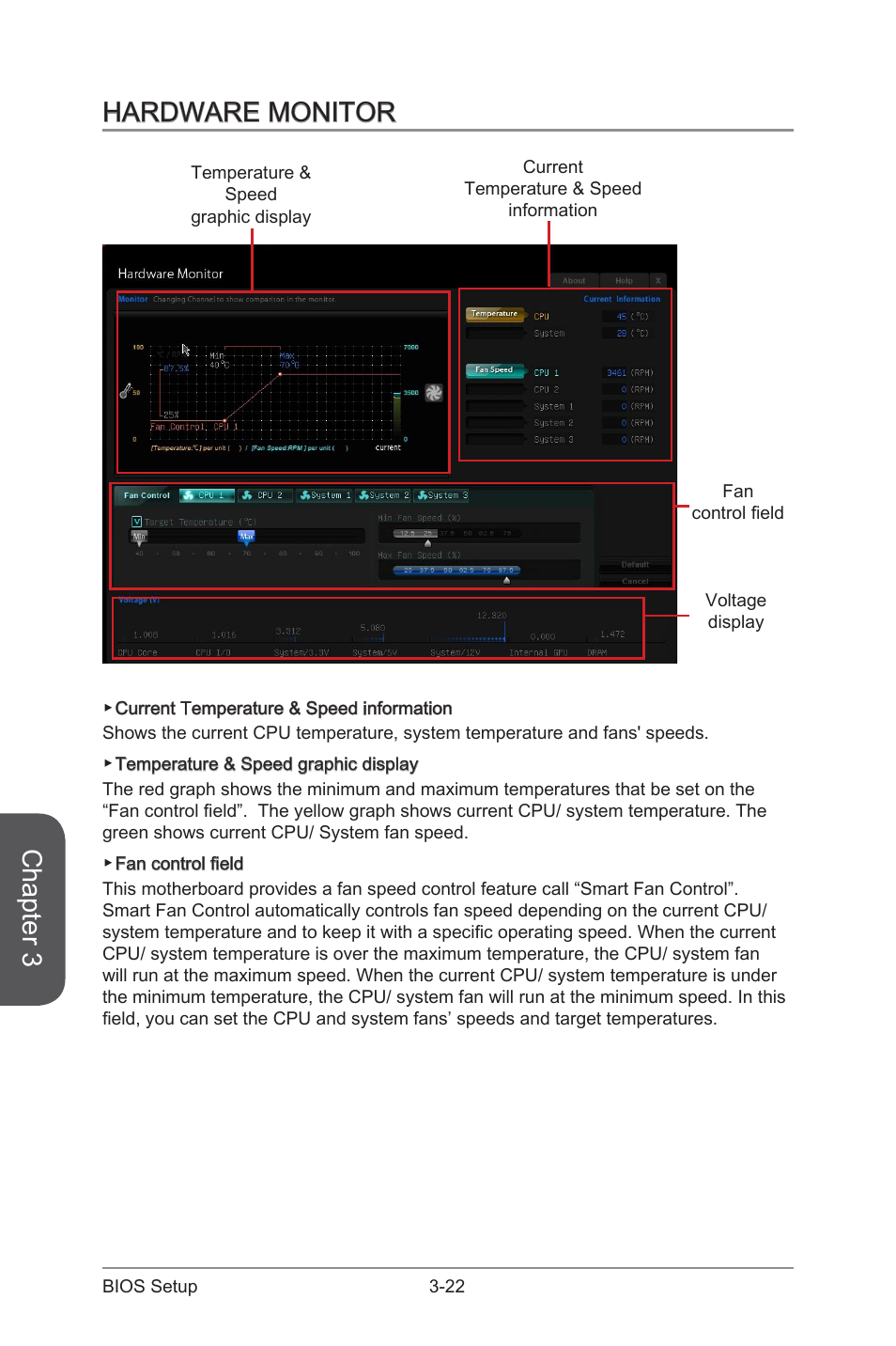 Hardware monitor, Hardware monitor -22, Chapter 3 | MSI A88X-G43 User Manual | Page 78 / 102