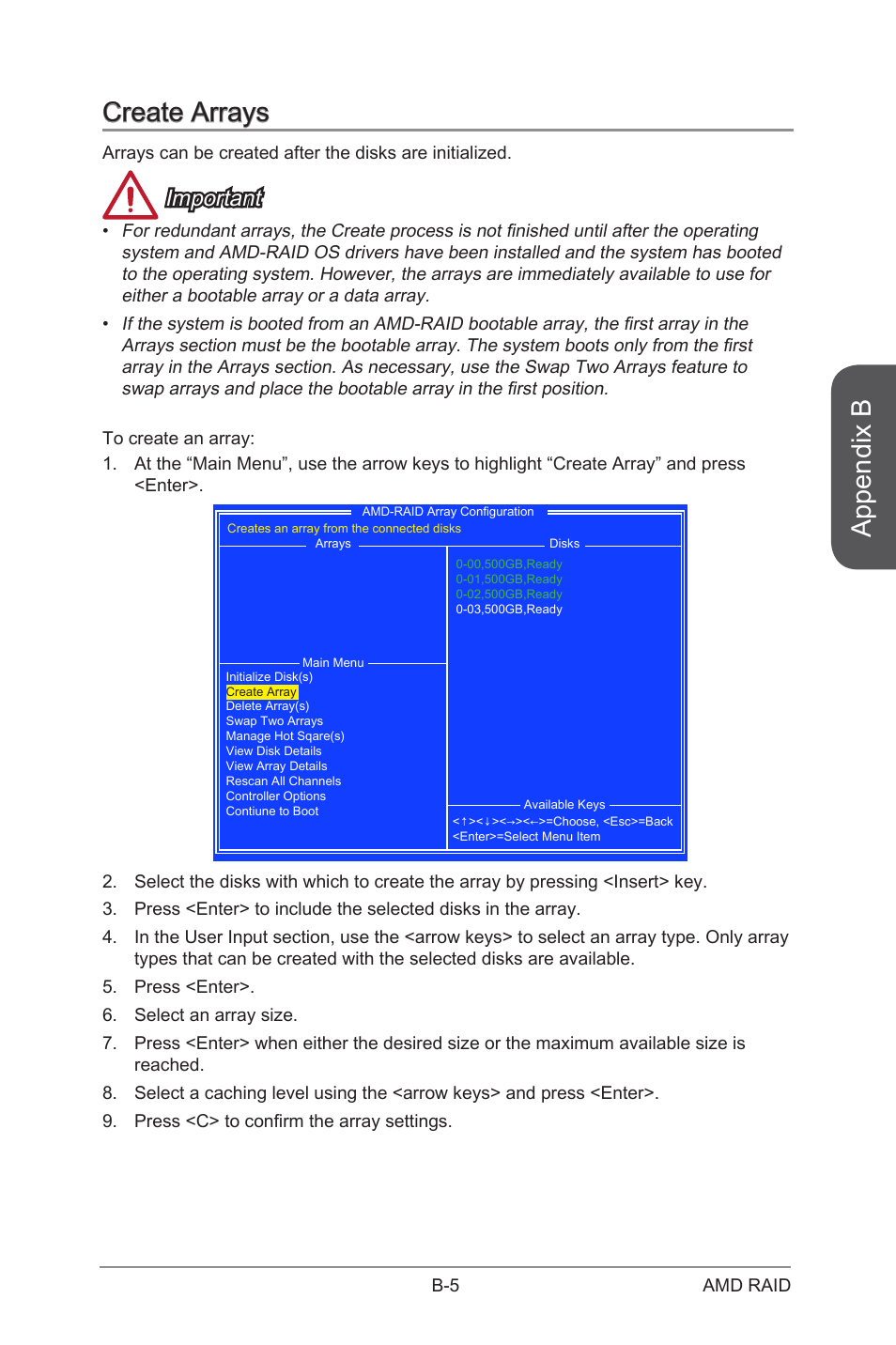 Create arrays, Appendix b, Important | MSI A88X-G43 User Manual | Page 91 / 102