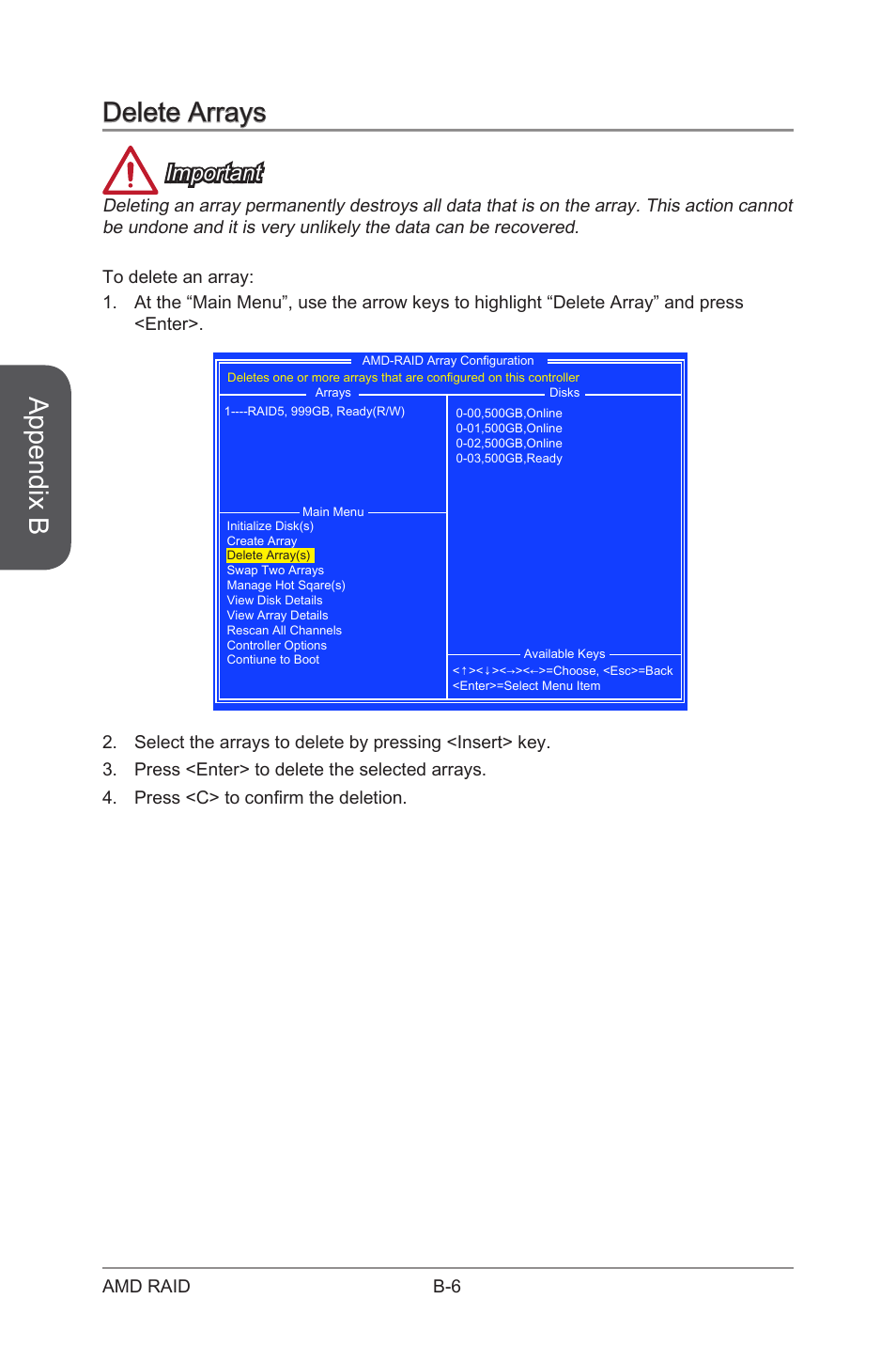 Delete arrays, Appendix b, Important | MSI A88X-G43 User Manual | Page 92 / 102