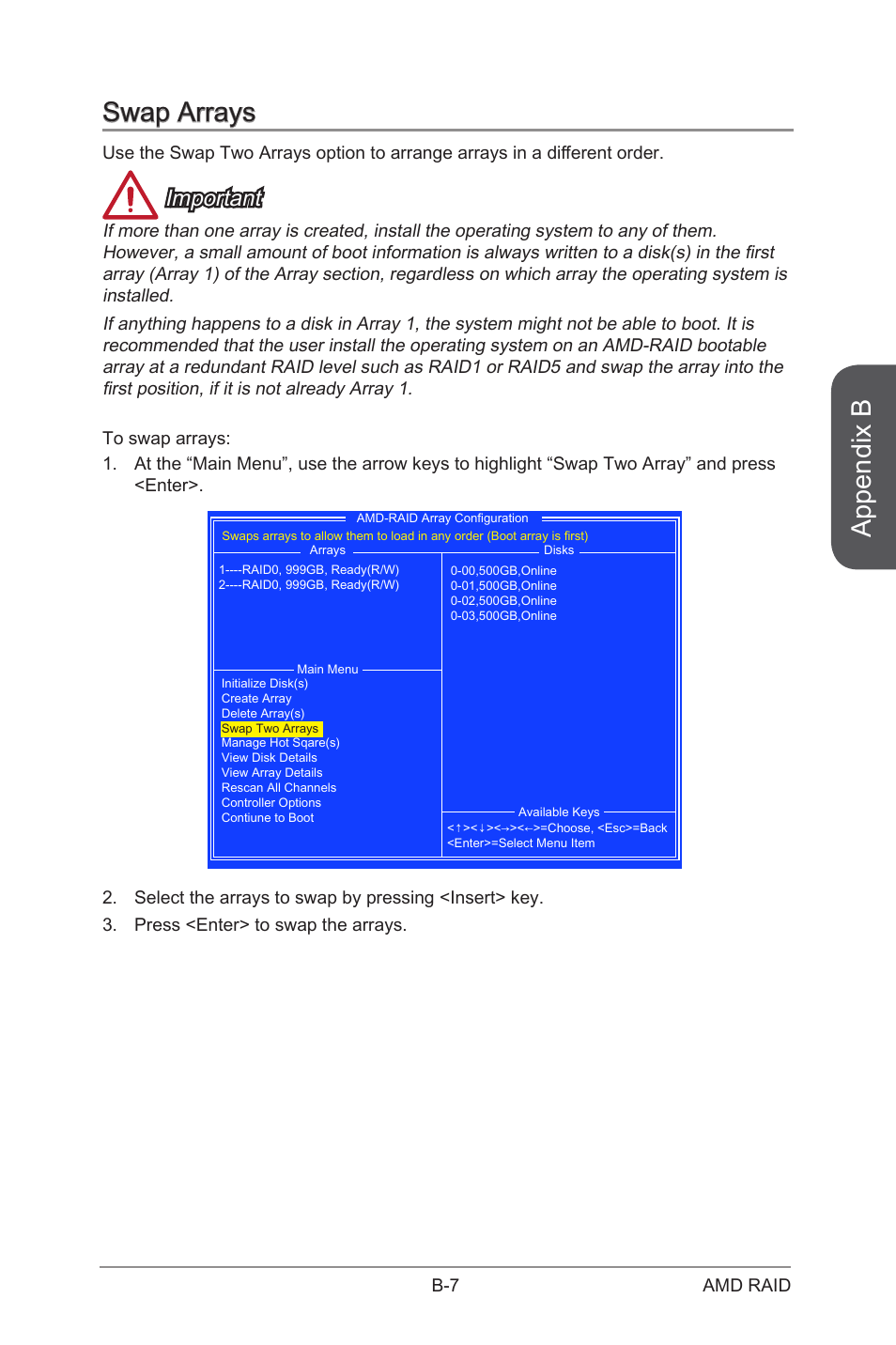 Swap arrays, Appendix b, Important | MSI A88X-G43 User Manual | Page 93 / 102
