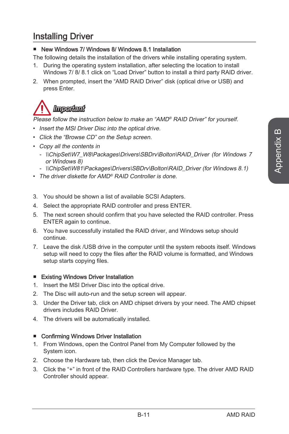 Installing driver, Appendix b, Important | MSI A88X-G43 User Manual | Page 97 / 102