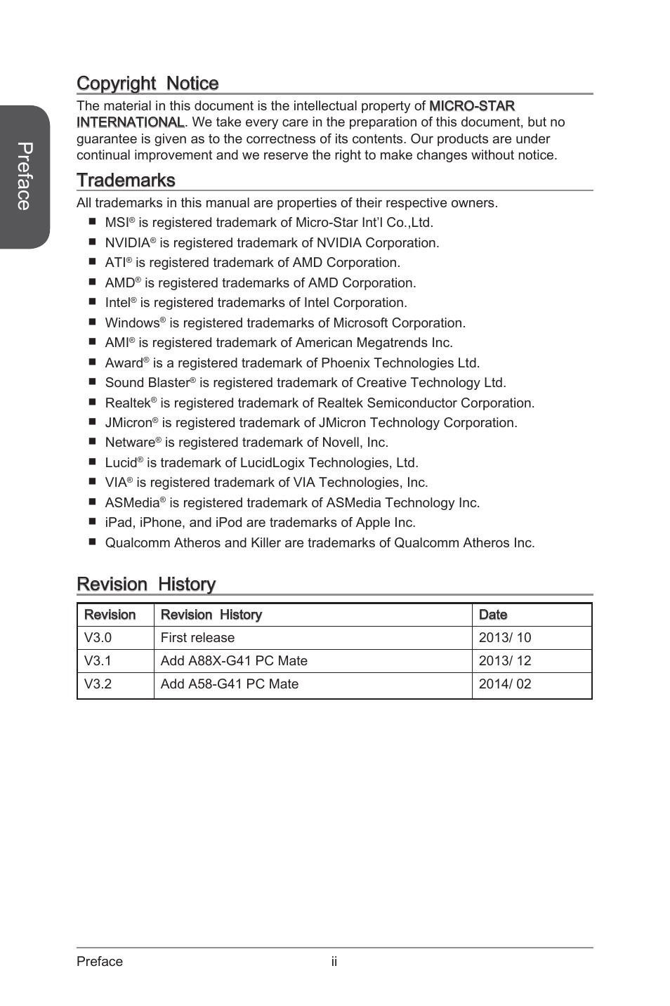 Copyright notice, Trademarks, Revision history | Preface | MSI A88X-G41 PC Mate User Manual | Page 2 / 94