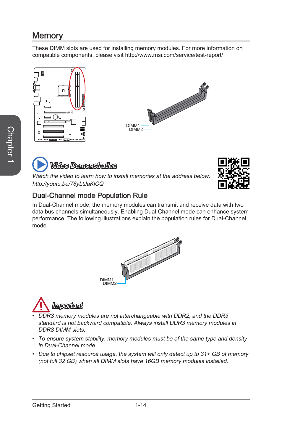 Memory, Dual-channel mode population rule, Memory -14 | Dual-channel mode population rule -14, Chapter 1, Video demonstration, Important | MSI A88X-G41 PC Mate User Manual | Page 28 / 94