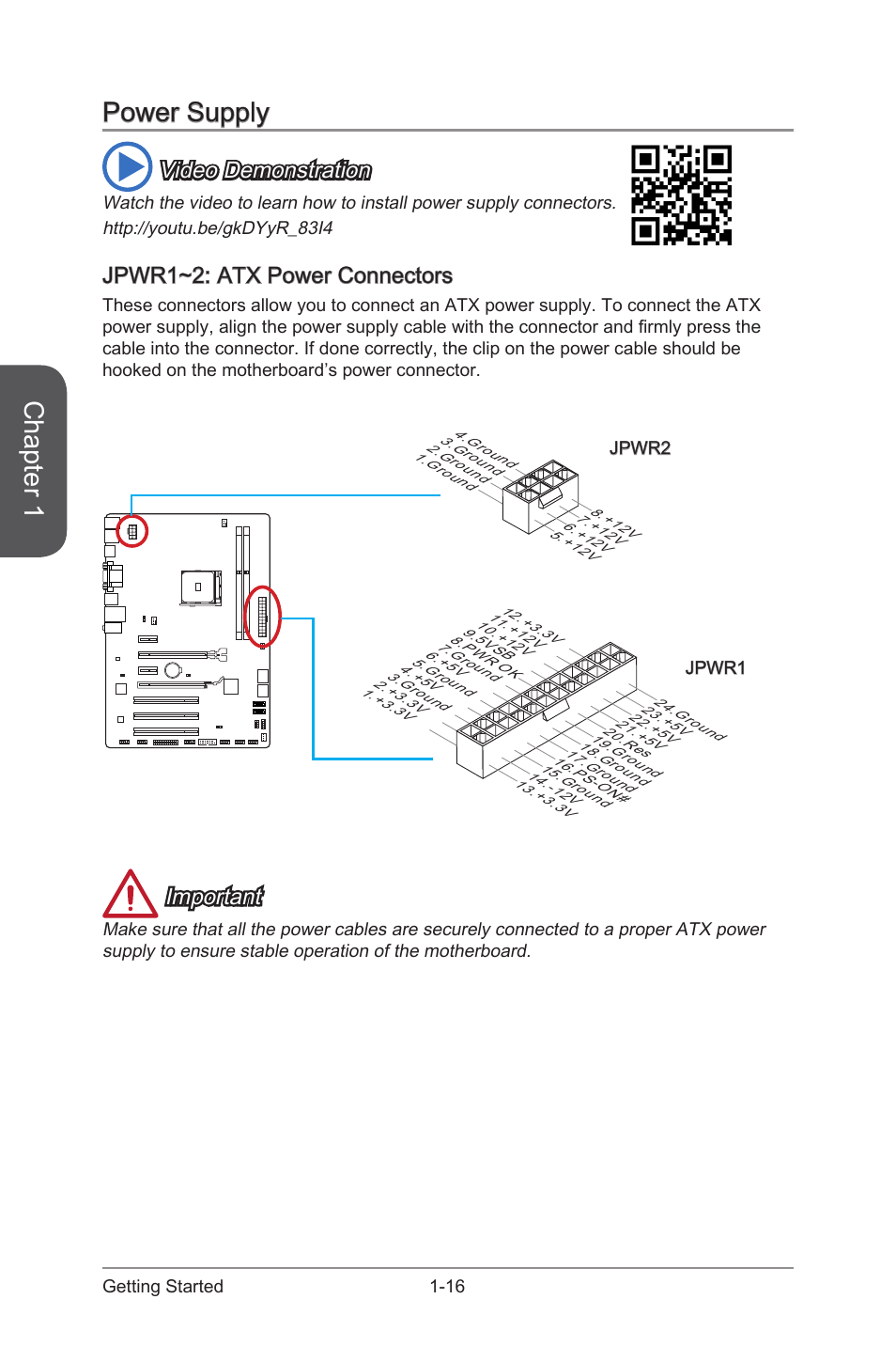 Power supply, Jpwr1~2: atx power connectors, Power supply -16 | Jpwr1~2: atx power connectors -16, Jpwr1~2, Atx power connectors, Chapter 1, Video demonstration, Important | MSI A88X-G41 PC Mate User Manual | Page 30 / 94