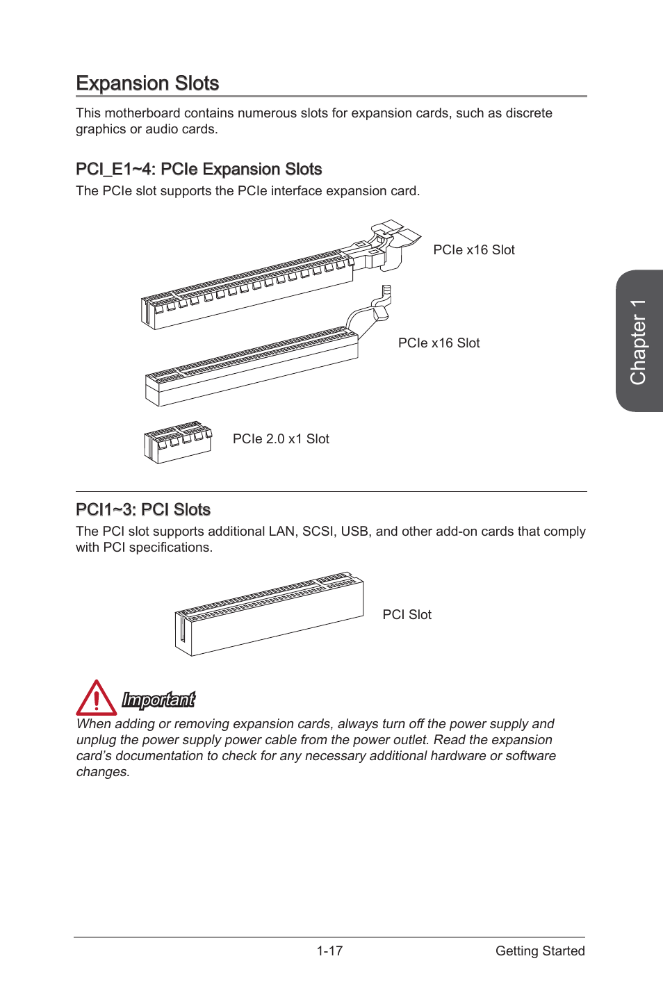 Expansion slots, Pci_e1~4: pcie expansion slots, Expansion slots -17 | Pci_e1~4: pcie expansion slots -17, Pci_e1~4, Pcie expansion slots, Pci1~3, Pci slots, Chapter 1 | MSI A88X-G41 PC Mate User Manual | Page 31 / 94