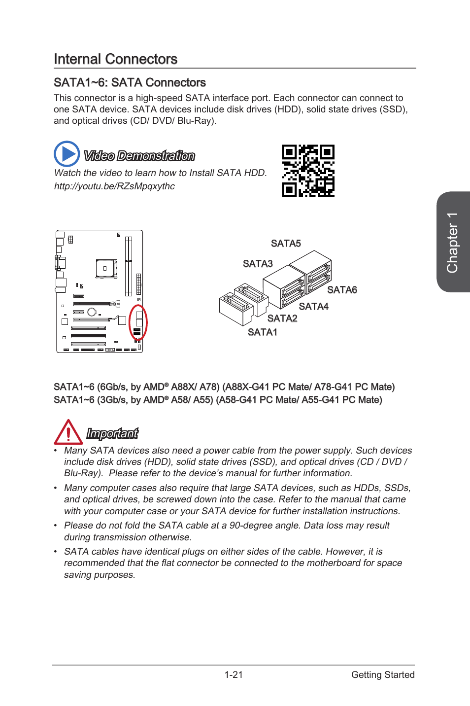 Internal connectors, Sata1~6: sata connectors, Internal connectors -21 | Sata1~6: sata connectors -21, Sata1~6, Sata connectors, Chapter 1, Video demonstration, Important | MSI A88X-G41 PC Mate User Manual | Page 35 / 94