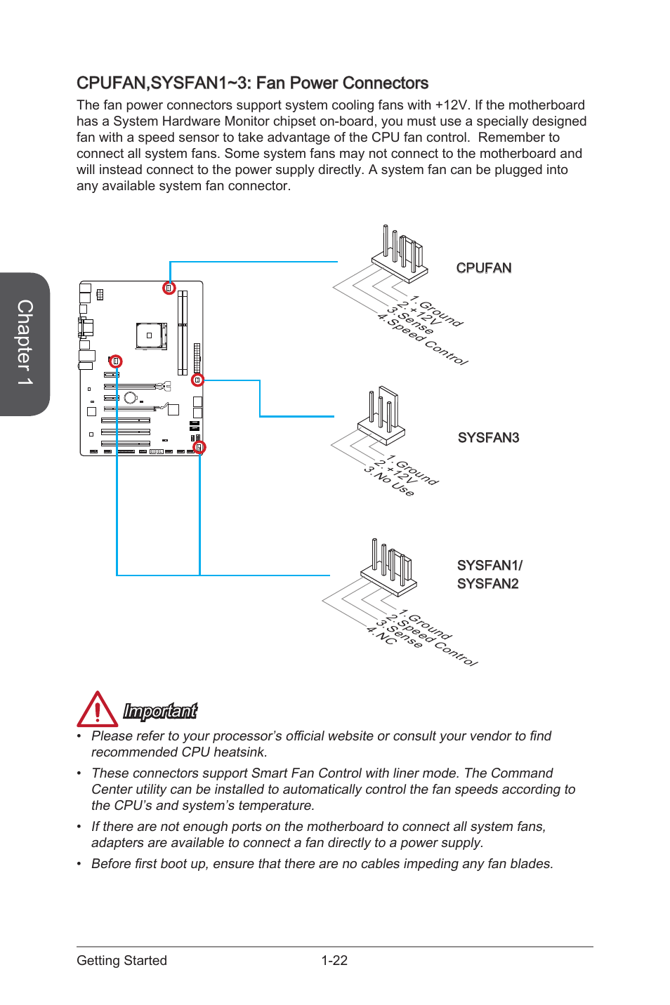 Cpufan,sysfan1~3: fan power connectors, Cpufan,sysfan1~3: fan power connectors -22, Cpufan,sysfan1~3 | Fan power connectors, Chapter 1, Important | MSI A88X-G41 PC Mate User Manual | Page 36 / 94