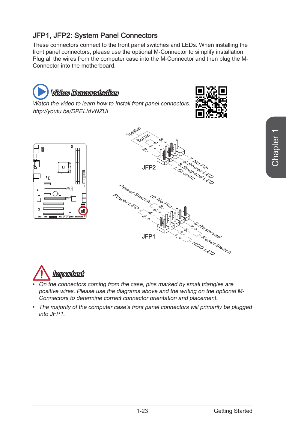Jfp1, jfp2: system panel connectors, Jfp1, jfp2: system panel connectors -23, Jfp1, jfp2 | System panel connectors, Chapter 1, Video demonstration, Important | MSI A88X-G41 PC Mate User Manual | Page 37 / 94