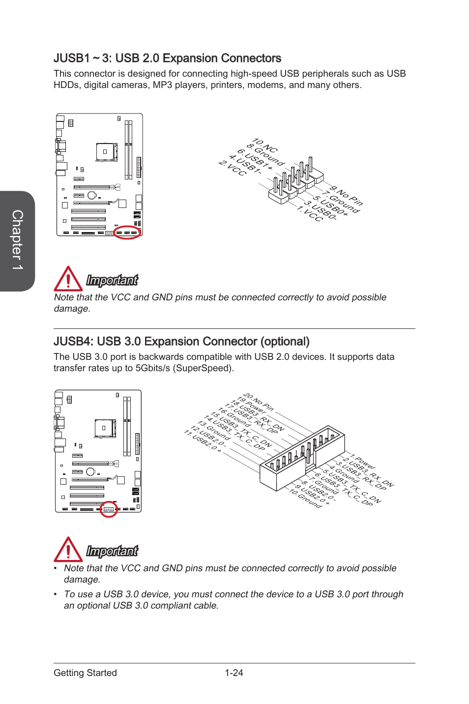 Jusb1～3: usb 2.0 expansion connectors, Jusb1～3: usb 2.0 expansion connectors -24, Jusb1～3 | Usb 2.0 expansion connectors, Jusb4, Usb 3.0 expansion connector, Chapter 1, Important, Jusb4: usb 3.0 expansion connector (optional) | MSI A88X-G41 PC Mate User Manual | Page 38 / 94