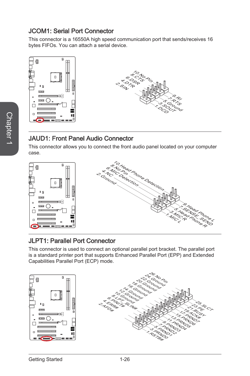 Jcom1: serial port connector, Jcom1: serial port connector -26, Jaud1 | Front panel audio connector, Jcom1, Serial port connector, Jlpt1, Parallel port header, Chapter 1, Jaud1: front panel audio connector | MSI A88X-G41 PC Mate User Manual | Page 40 / 94