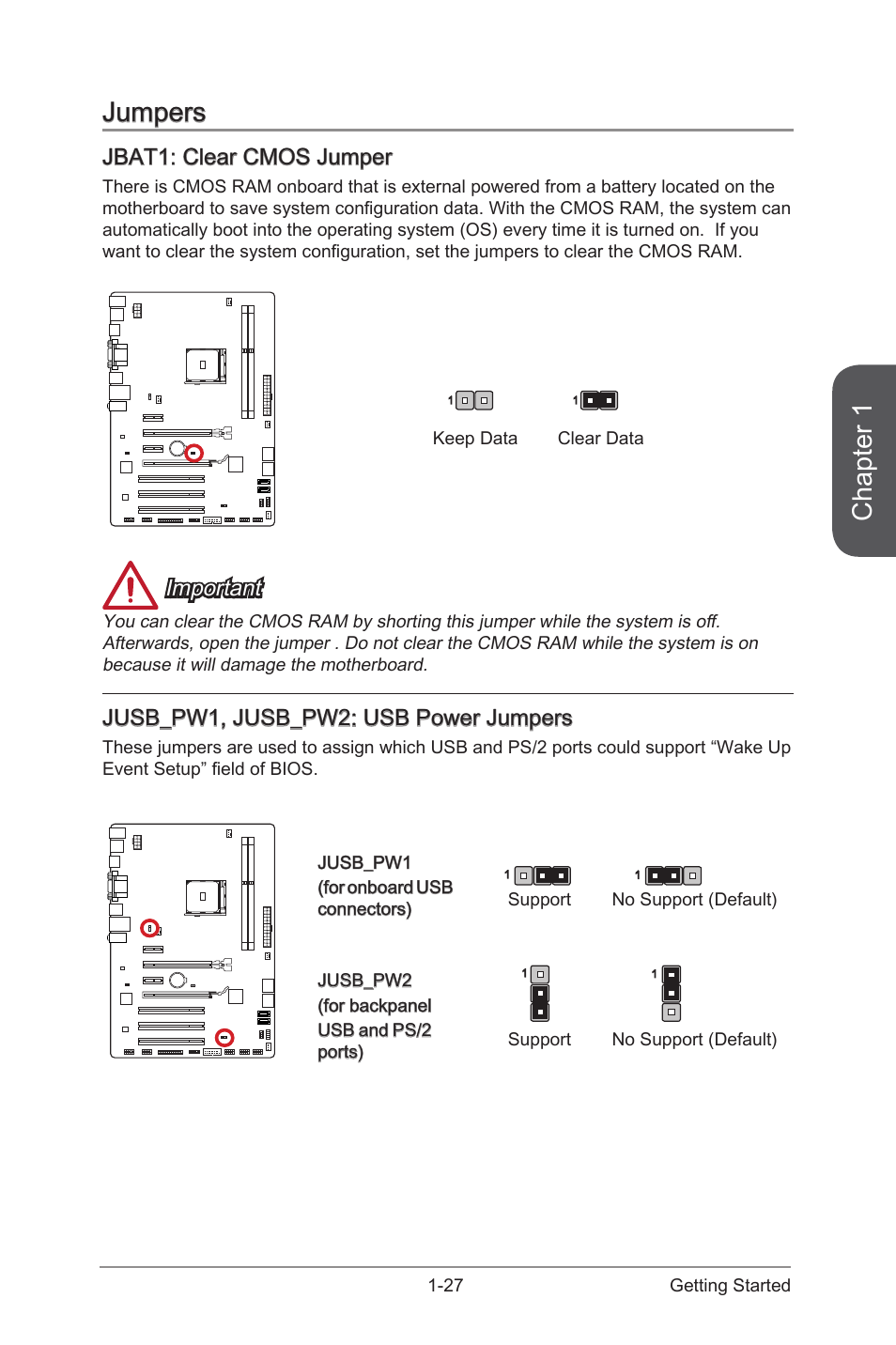 Jumpers, Jbat1: clear cmos jumper, Jumpers -27 | Jbat1: clear cmos jumper -27, Jbat1, Clear cmos jumper, Chapter 1, Important, Jusb_pw1, jusb_pw2: usb power jumpers | MSI A88X-G41 PC Mate User Manual | Page 41 / 94