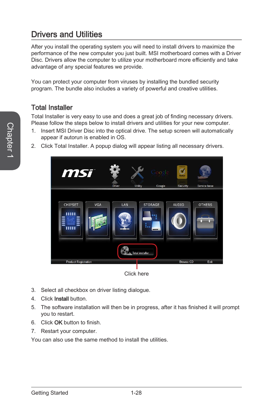 Drivers and utilities, Total installer, Drivers and utilities -28 | Total installer -28, Chapter 1 | MSI A88X-G41 PC Mate User Manual | Page 42 / 94