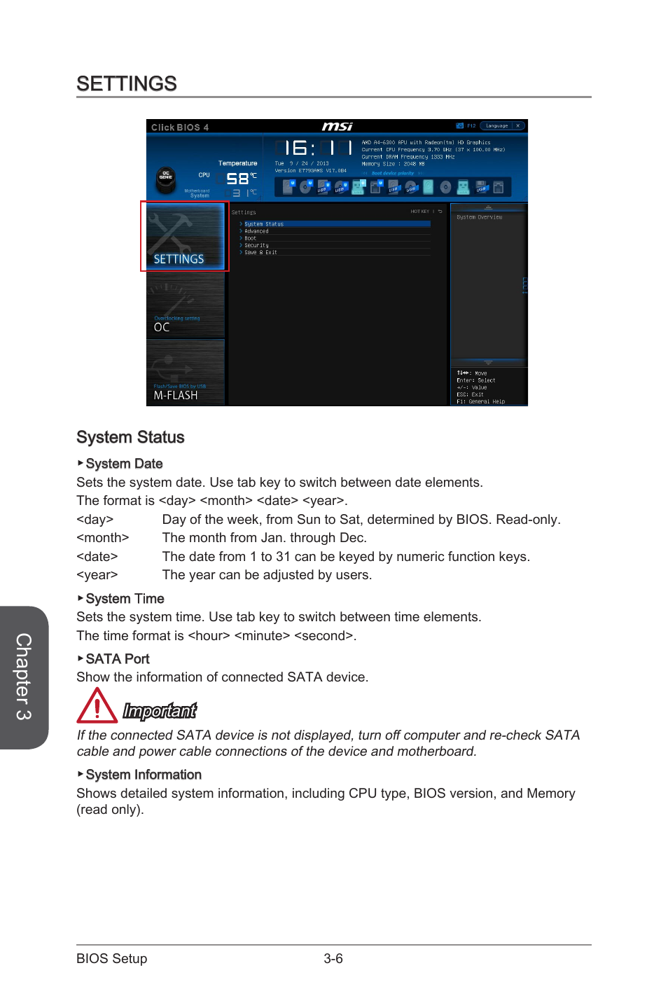 Settings, System status, Settings -6 | System status -6, Chapter 3, Important | MSI A88X-G41 PC Mate User Manual | Page 62 / 94