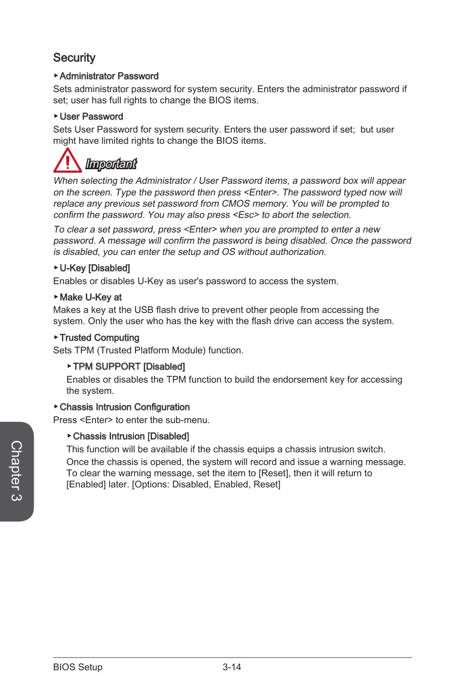 Security, Security -14, Chapter 3 | Important | MSI A88X-G41 PC Mate User Manual | Page 70 / 94