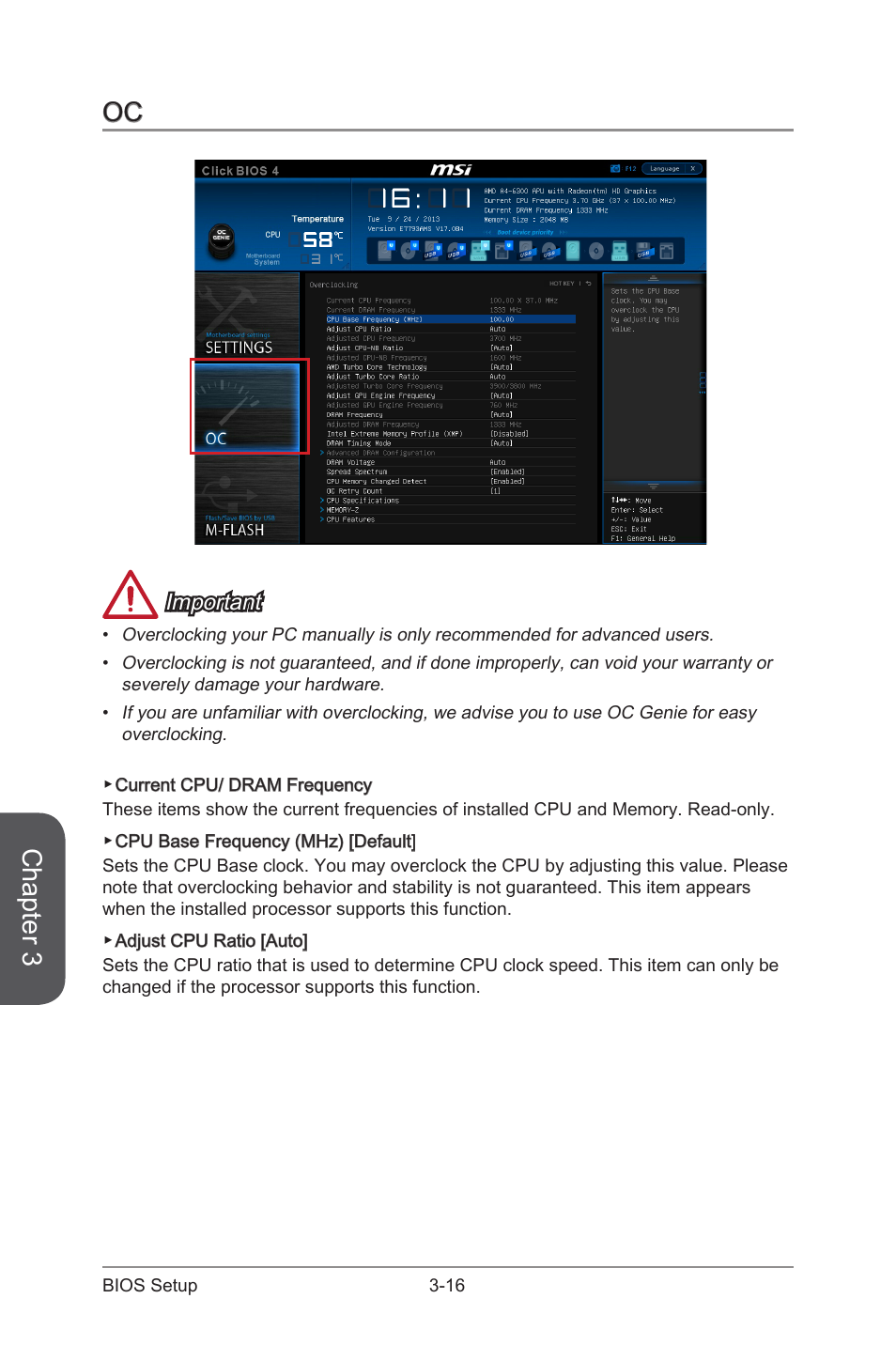 Oc -16, Chapter 3, Important | MSI A88X-G41 PC Mate User Manual | Page 72 / 94