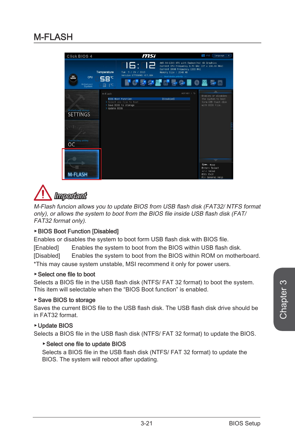 M-flash, M-flash -21, Chapter 3 | Important | MSI A88X-G41 PC Mate User Manual | Page 77 / 94