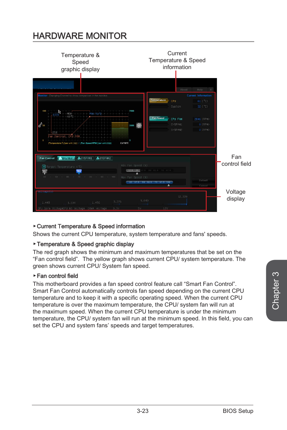 Hardware monitor, Hardware monitor -23, Chapter 3 | MSI A88X-G41 PC Mate User Manual | Page 79 / 94