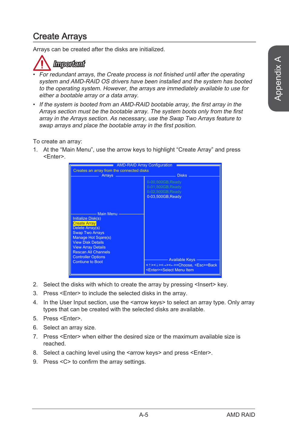 Create arrays, Appendix a, Important | MSI A88X-G41 PC Mate User Manual | Page 85 / 94