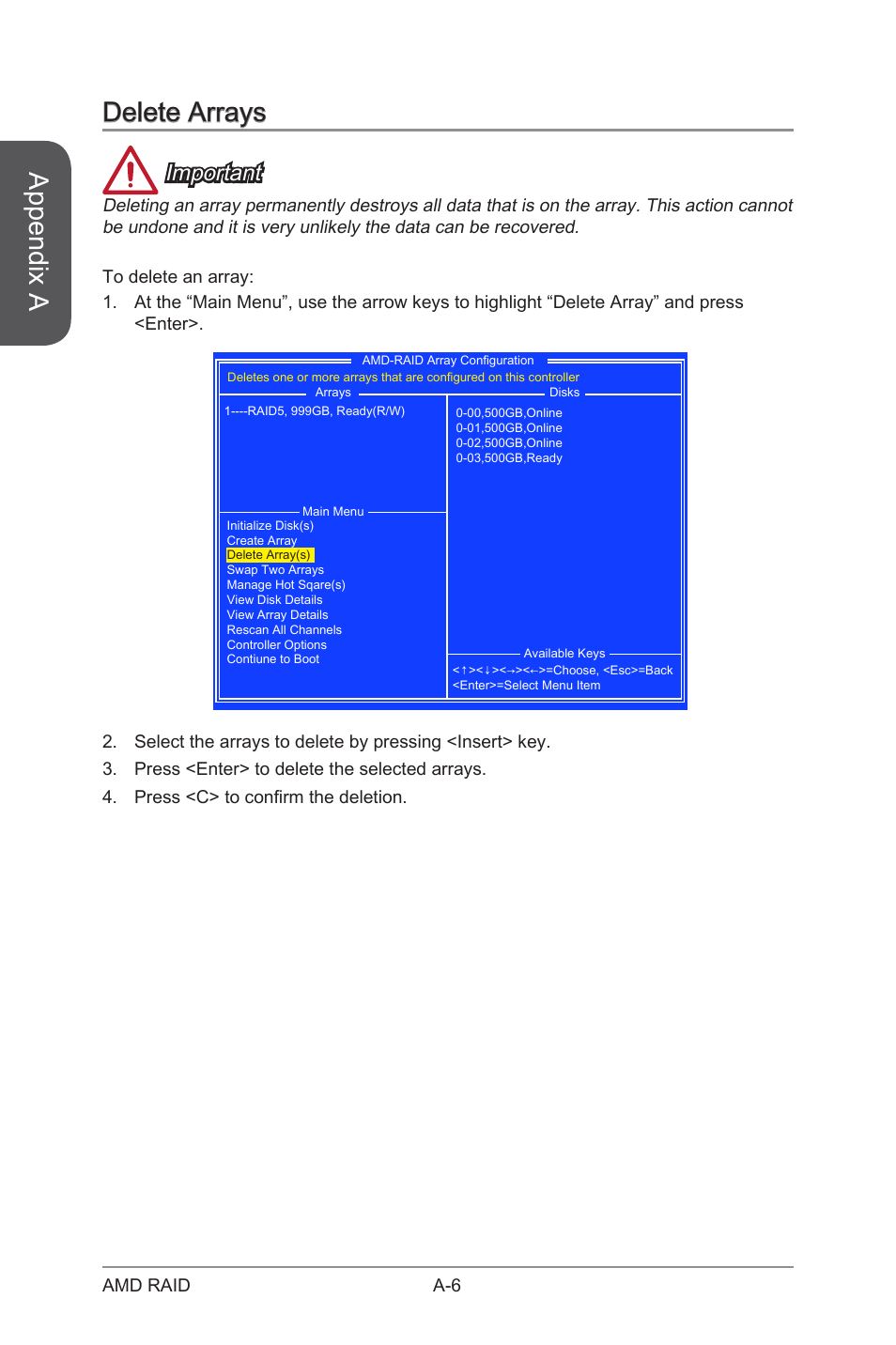 Delete arrays, Appendix a, Important | MSI A88X-G41 PC Mate User Manual | Page 86 / 94