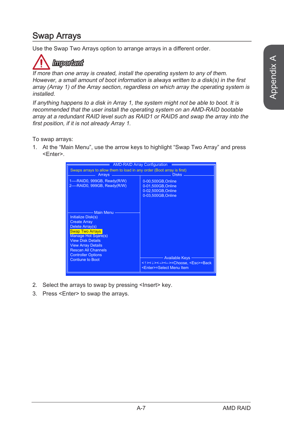 Swap arrays, Appendix a, Important | MSI A88X-G41 PC Mate User Manual | Page 87 / 94