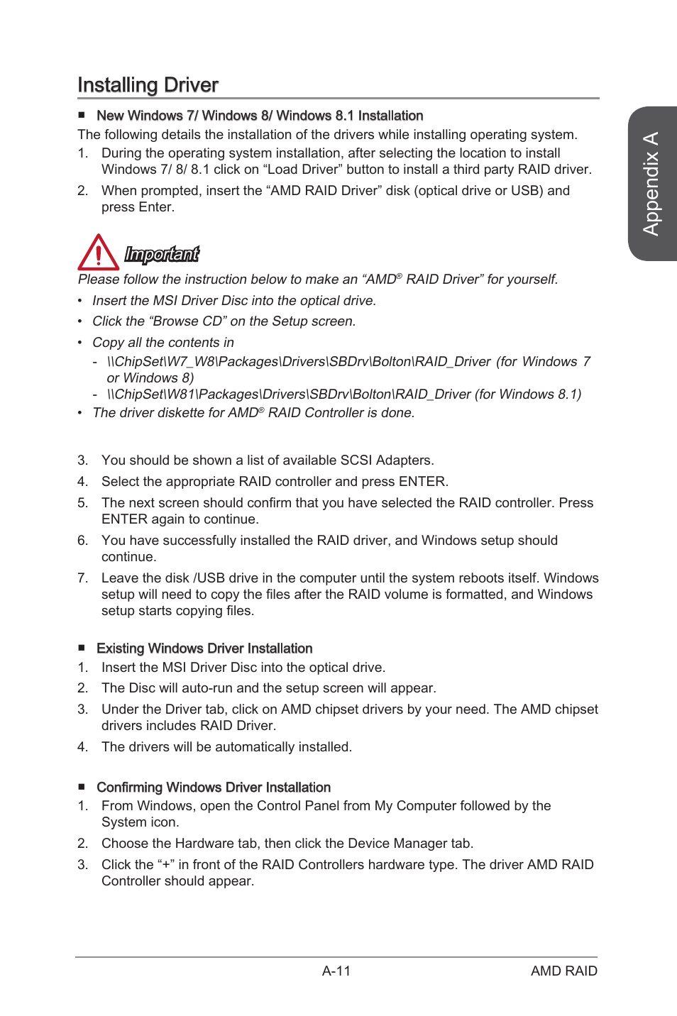 Installing driver, Appendix a, Important | MSI A88X-G41 PC Mate User Manual | Page 91 / 94