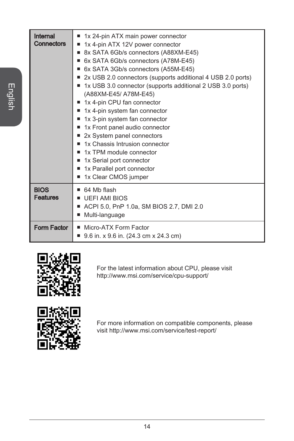 English | MSI A78M-E45 User Manual | Page 14 / 186