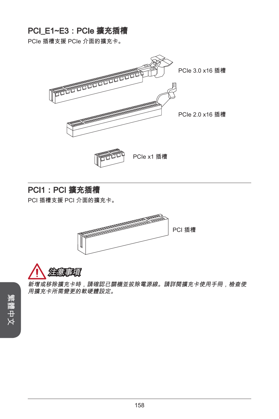 繁體中文 pci_e~e3：pcie 擴充插槽, Pci：pci 擴充插槽, 注意事項 | MSI A78M-E45 User Manual | Page 158 / 186