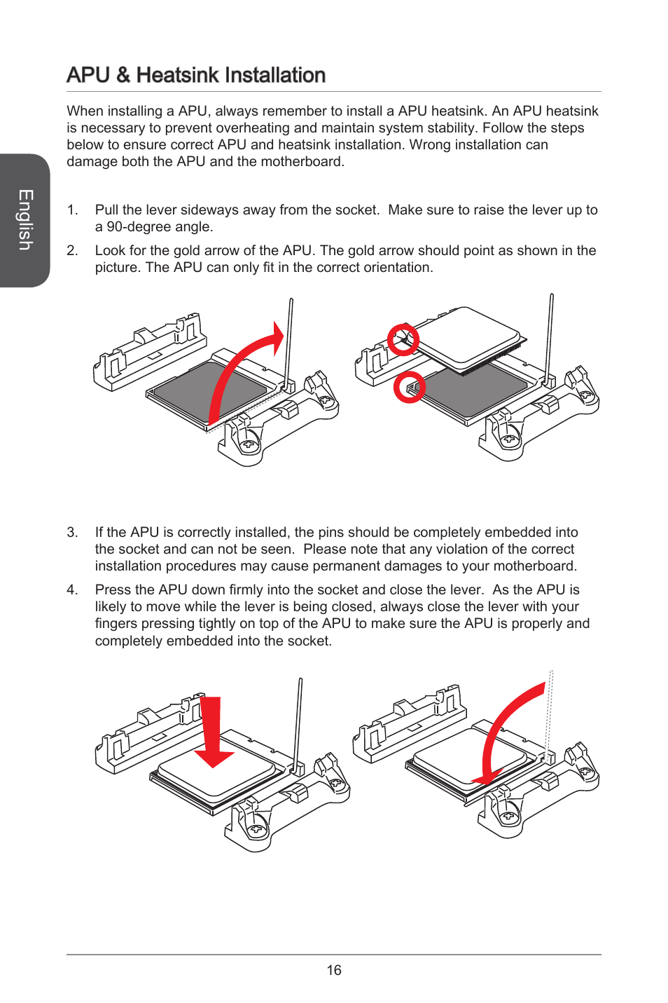 Apu & heatsink installation, English | MSI A78M-E45 User Manual | Page 16 / 186
