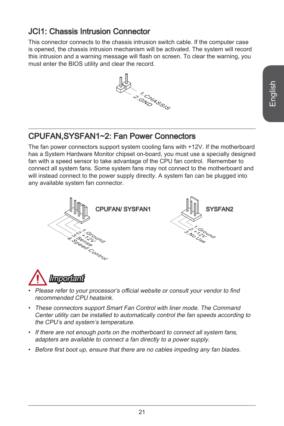 English, Jci: chassis intrusion connector, Cpufan,sysfan~2: fan power connectors | Important | MSI A78M-E45 User Manual | Page 21 / 186