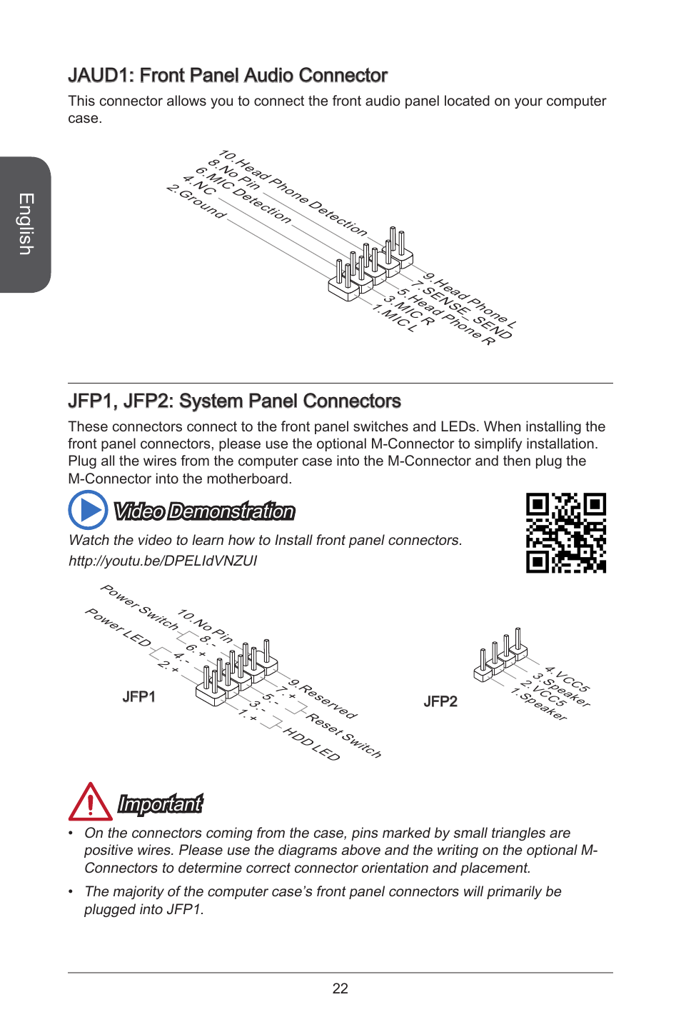English, Jaud: front panel audio connector, Jfp, jfp2: system panel connectors | Video demonstration, Important | MSI A78M-E45 User Manual | Page 22 / 186